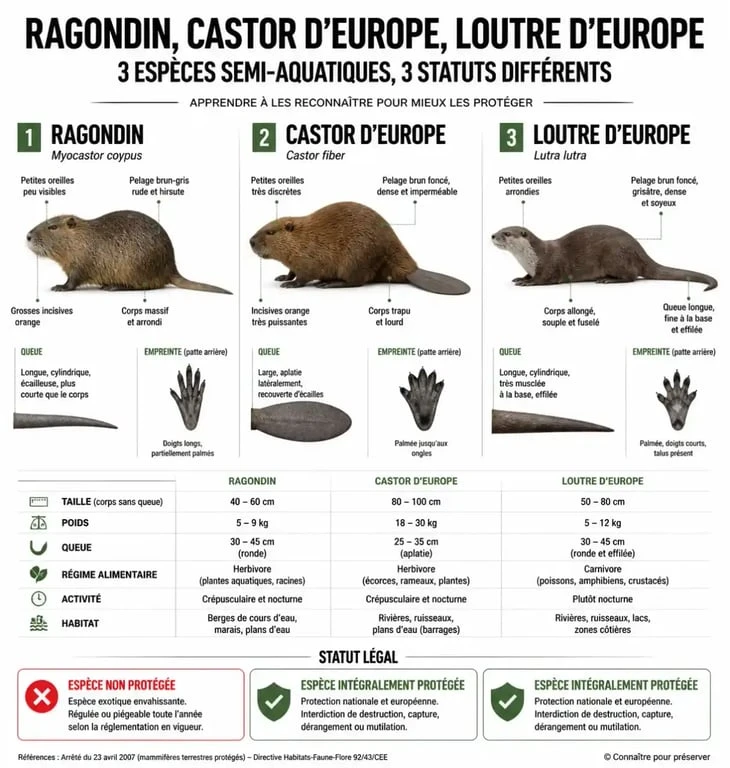 Infographie comparative du ragondin et des espèces protégées comme le castor et la loutre pour éviter les erreurs d'identification