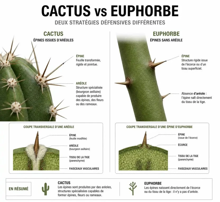 Schéma comparatif montrant la différence entre l'aréole d'une Cactaceae et une épine de plante succulente