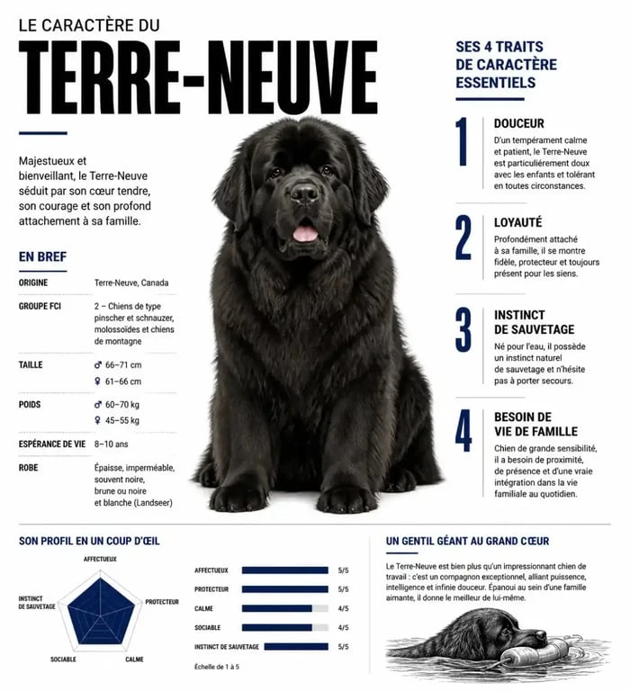 Infographie récapitulative du caractère du chien Terre-Neuve : tempérament, comportement et besoins.