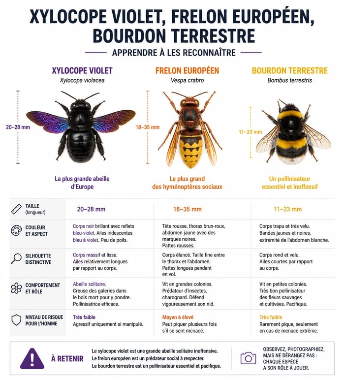 Comparatif visuel pour identifier le gros bourdon noir (Xylocope violet) face au frelon et au bourdon