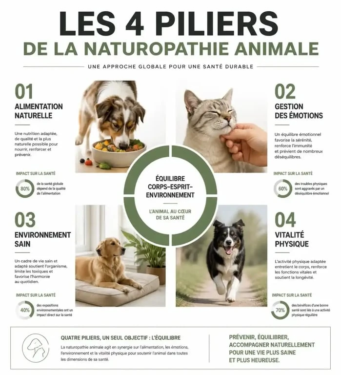 Infographie des piliers de la naturopathie pour animaux : alimentation, émotions, environnement et vitalité