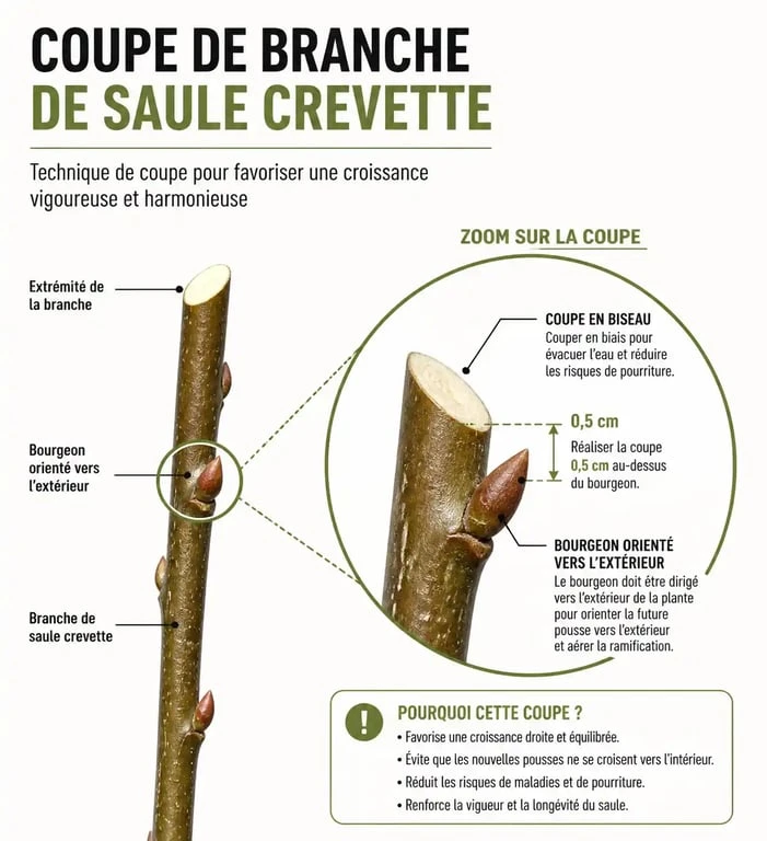 Schéma technique montrant comment tailler le saule crevette avec une coupe en biseau au-dessus d'un bourgeon