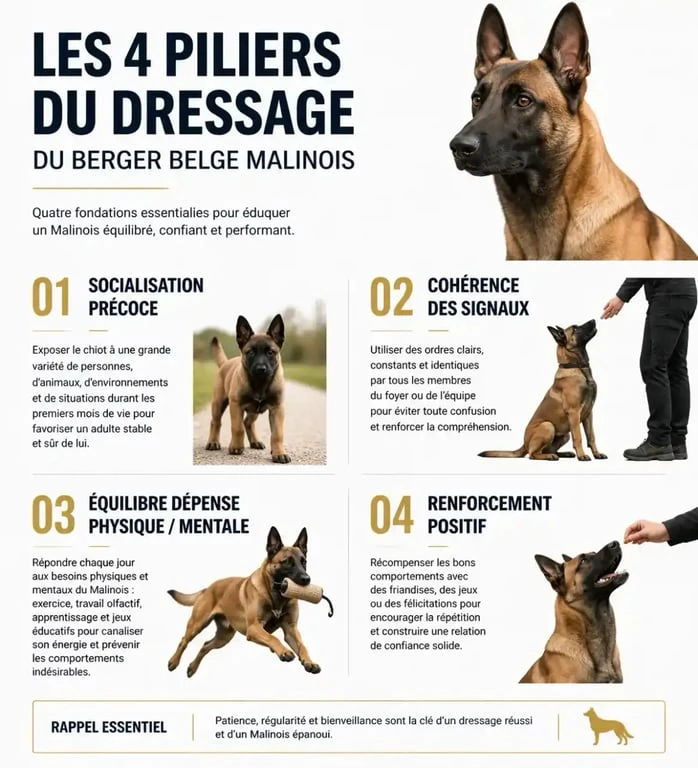 Infographie sur les piliers du dressage du Malinois : socialisation, cohérence, stimulation mentale et renforcement positif.