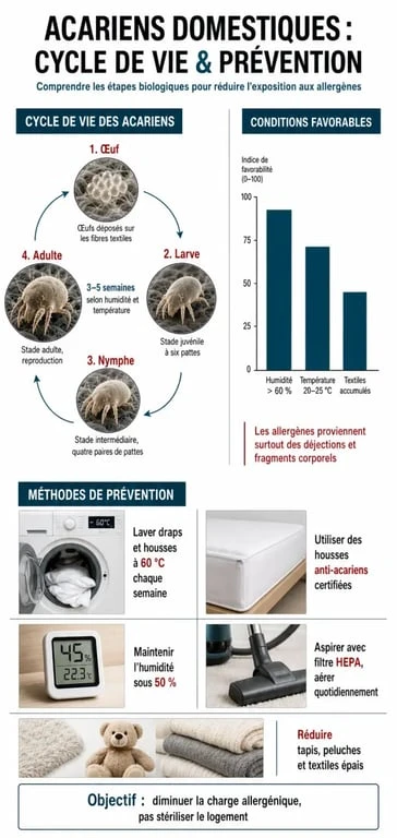 Infographie sur le cycle de vie des mites de poussière et conseils de prévention pour réduire les allergies.