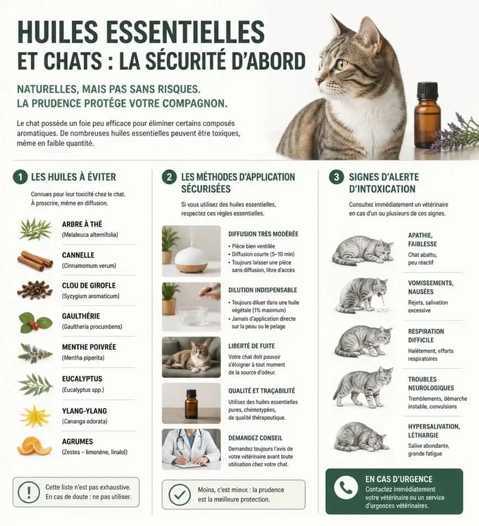 Infographie sur la sécurité des huiles essentielles anti-puce pour chat : précautions et risques