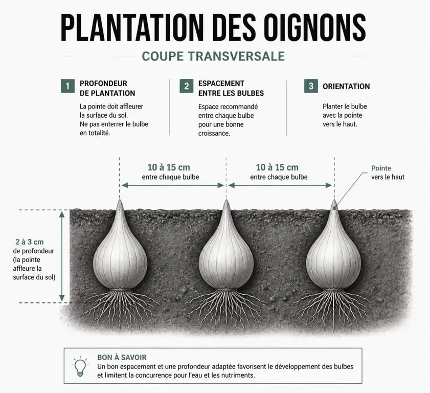 Schéma explicatif de la plantation des oignons : profondeur et espacement pour une récolte réussie