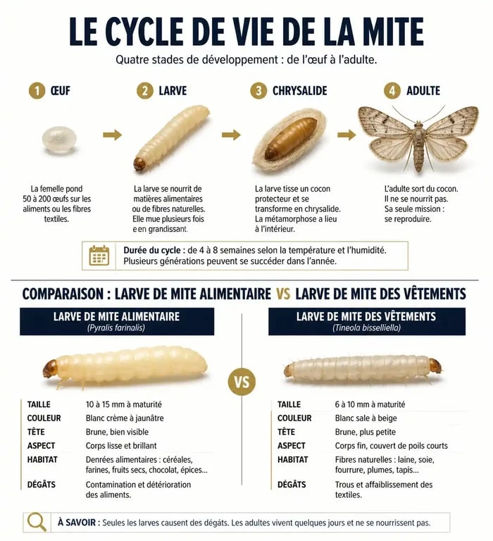 Infographie comparative des larves de mites alimentaires et des larves de mites des vêtements pour faciliter leur identification.