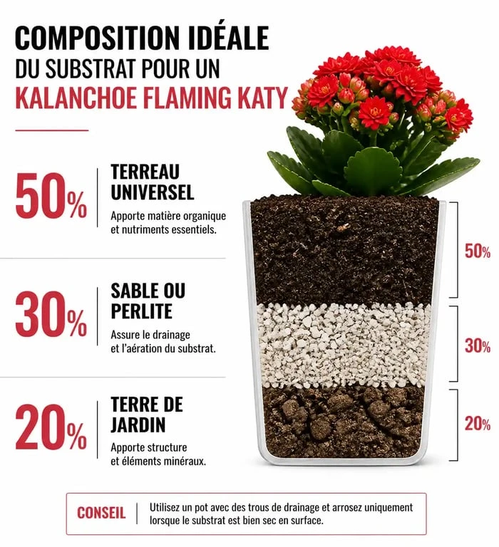 Infographie sur la composition du substrat idéal pour le Kalanchoe Flaming Katy