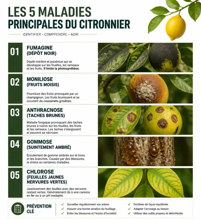 Infographie des maladies du citronnier et leurs symptômes visuels pour un diagnostic rapide