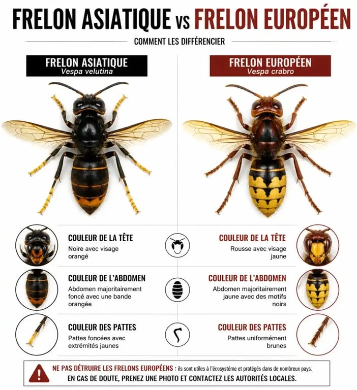 Comparatif visuel entre le frelon asiatique et le frelon européen pour faciliter leur identification