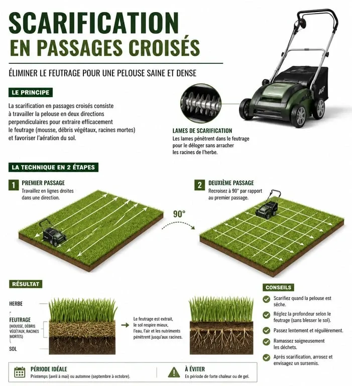 Schéma explicatif de la technique de scarification de pelouse par passages croisés