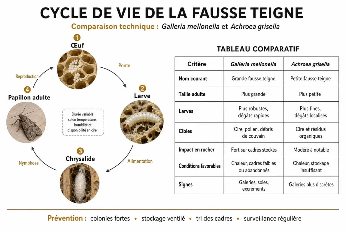 Infographie comparative des espèces de fausse teigne et leur cycle de vie pour la protection des ruches