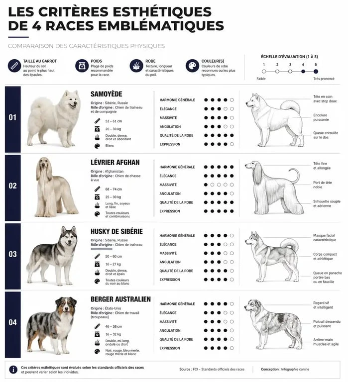 Infographie des critères de beauté des races de chiens : Samoyède, Lévrier Afghan, Husky et Berger Australien pour illustrer le plus beau chien du monde