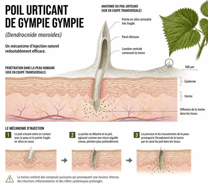 Schéma du mécanisme d'injection de la toxine par les poils urticants de la plante Gympie Gympie