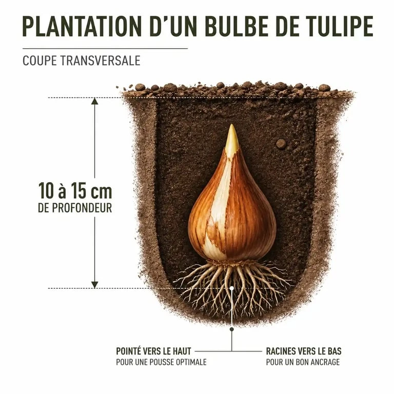 Schéma illustrant la profondeur et l'orientation idéale pour planter les tulipes