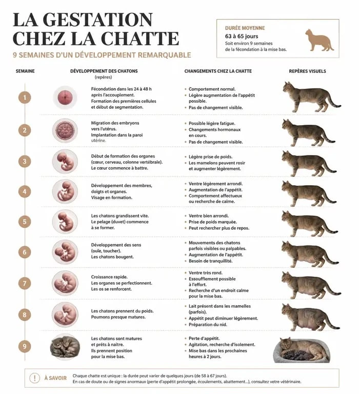 Infographie des étapes de la gestation chez la chatte et calendrier de mise bas