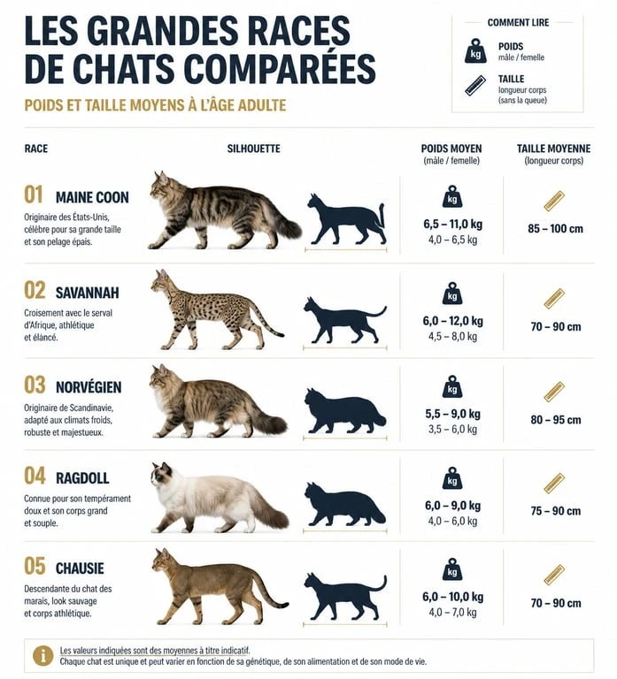 Infographie comparative des races de grands chats : poids et taille du Maine Coon, Savannah, Norvégien, Ragdoll et Chausie.
