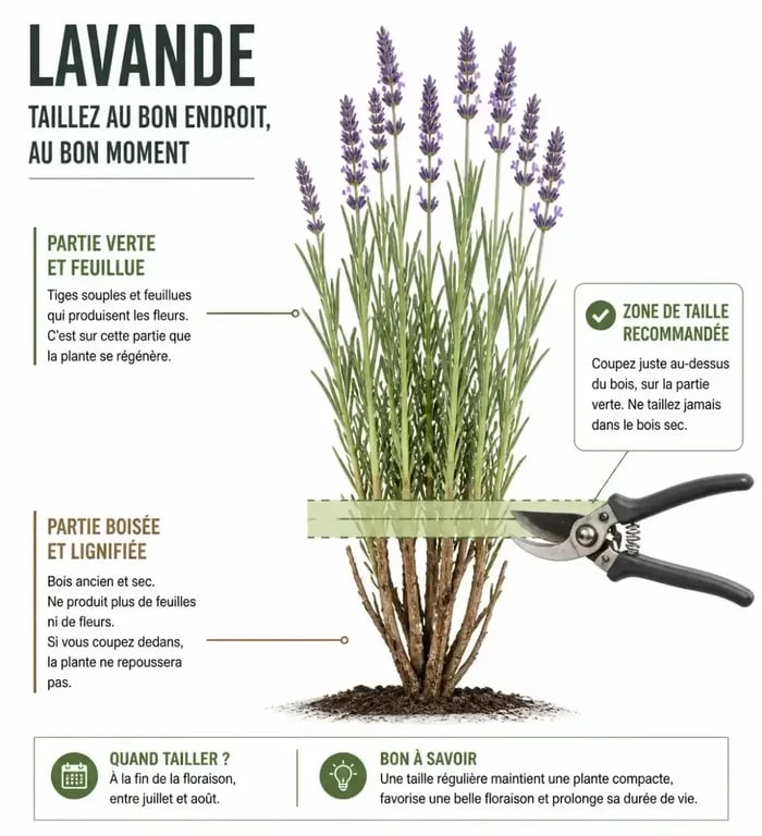 Schéma explicatif pour tailler la lavande : zone de coupe sécurisée au-dessus du vieux bois