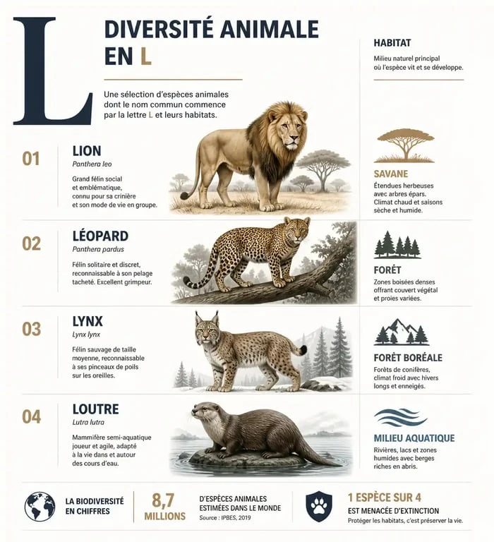 Infographie illustrant la diversité des animaux commençant par la lettre L et leurs habitats naturels