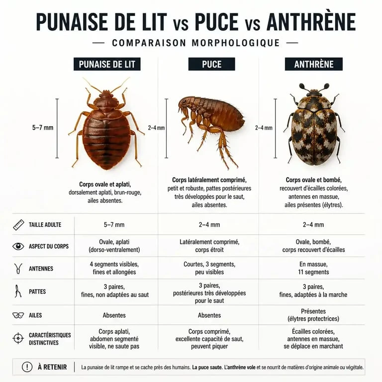 Comparaison visuelle des caractéristiques d'une punaise de lit, d'une puce et d'un anthrène pour faciliter l'identification.
