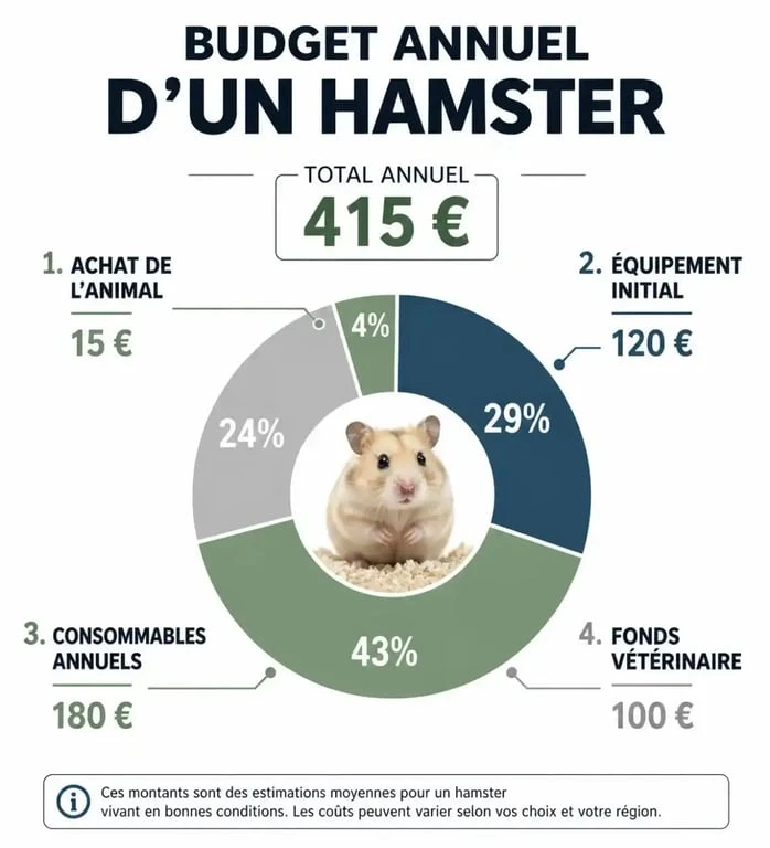 Récapitulatif du budget annuel pour l'adoption et l'entretien d'un hamster, incluant les coûts d'achat, d'équipement et de soins vétérinaires.