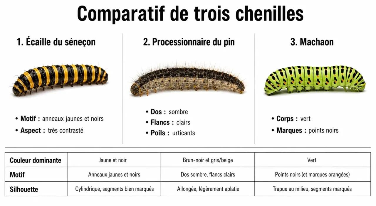 Comparatif visuel des chenilles jaune et noir pour une identification précise