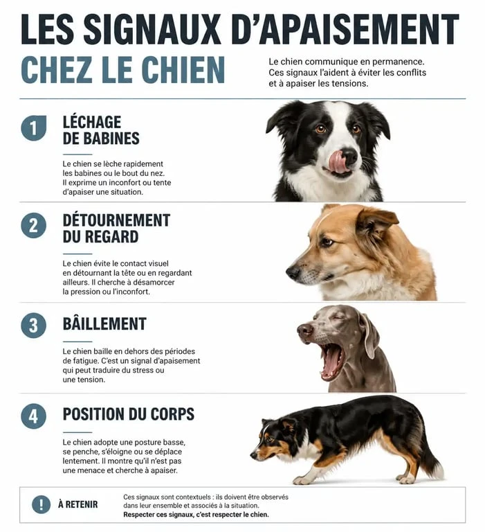Infographie sur les signaux d'apaisement du Golden Retriever pour prévenir l'agressivité