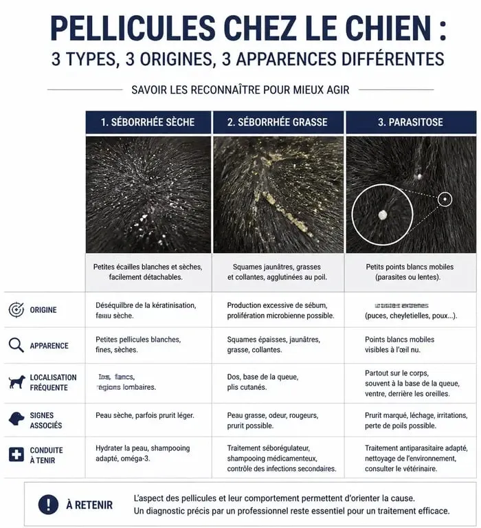 Infographie comparative des différents types de pellicules chez le chien pour aider au diagnostic