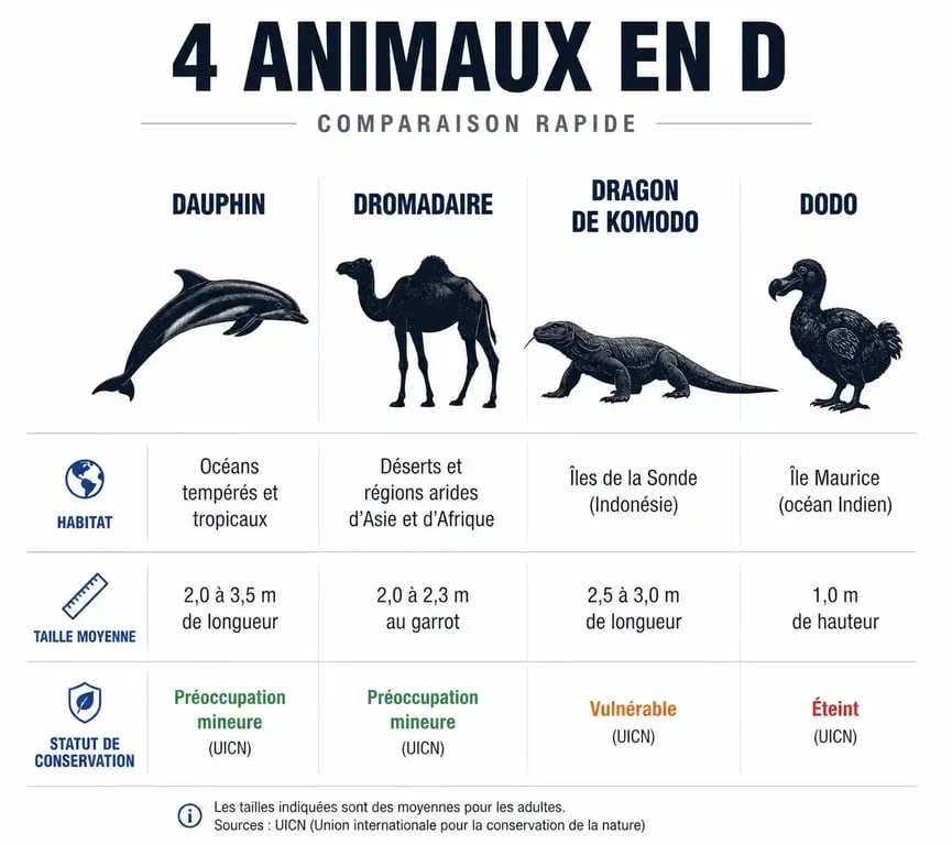Infographie comparative des animaux commençant par la lettre D : dauphin, dromadaire, dragon de Komodo et dodo.