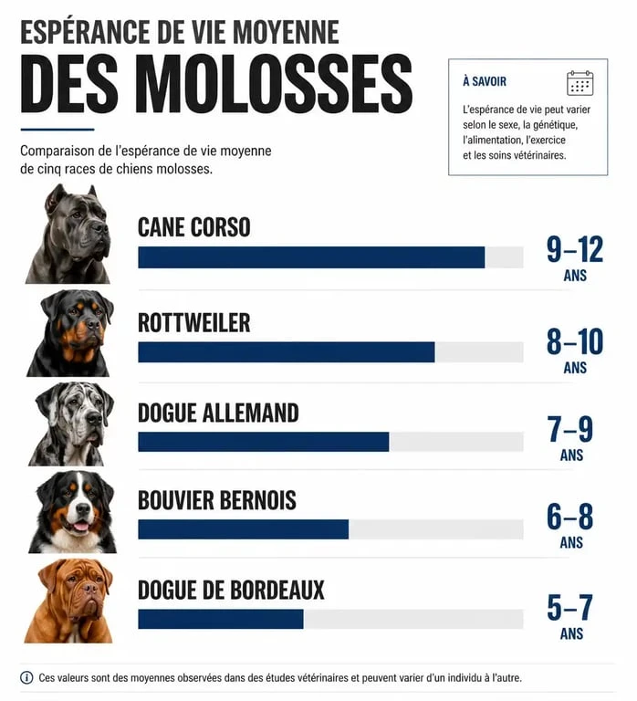 Tableau comparatif de l'espérance de vie du Cane Corso par rapport aux autres races de chiens molosses