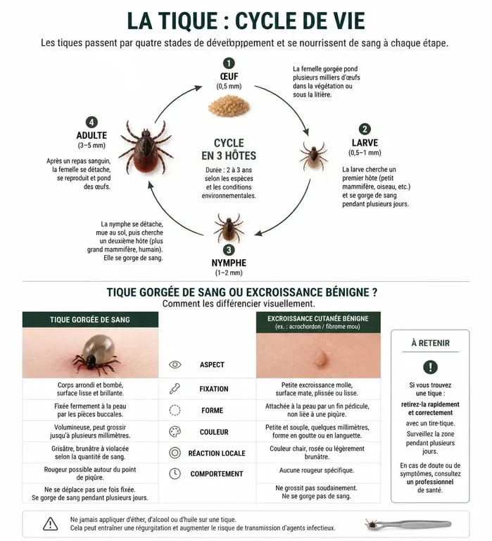 Infographie montrant la différence entre une tique blanche sur un chien et une verrue