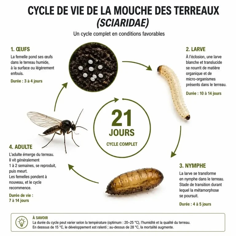 Cycle de vie des moucherons dans les plantes pour comprendre comment lutter contre les sciarides