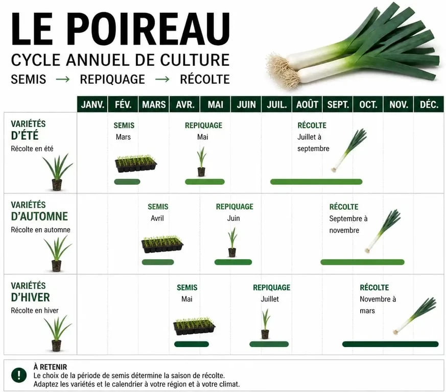 Infographie du calendrier de culture et plantation des poireaux au potager
