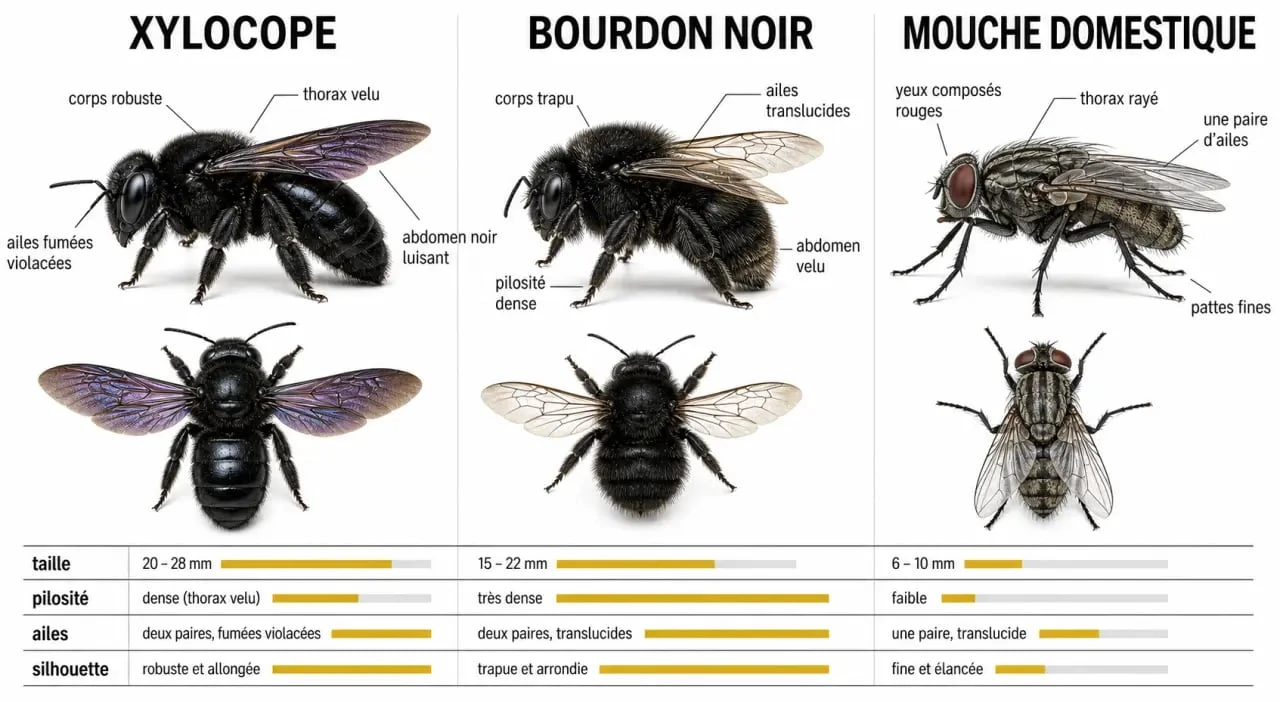 Infographie comparative pour l'identification d'un insecte volant noir : xylocope, bourdon et mouche.