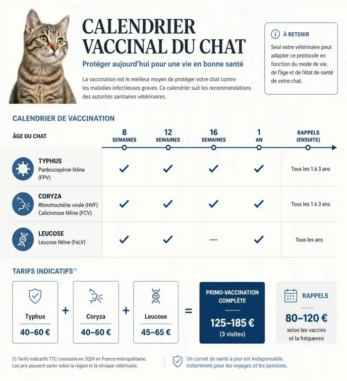 Infographie sur le prix des vaccins pour chat et le calendrier vaccinal recommandé