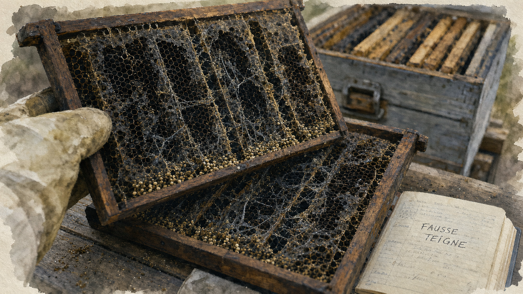 Fausse teigne sur cadres : grains de frass et galeries de soie, inspection apiculteur