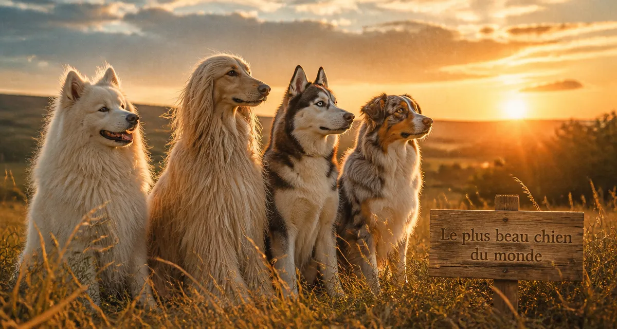 Le plus beau chien du monde, quatre races sur prairie dorée