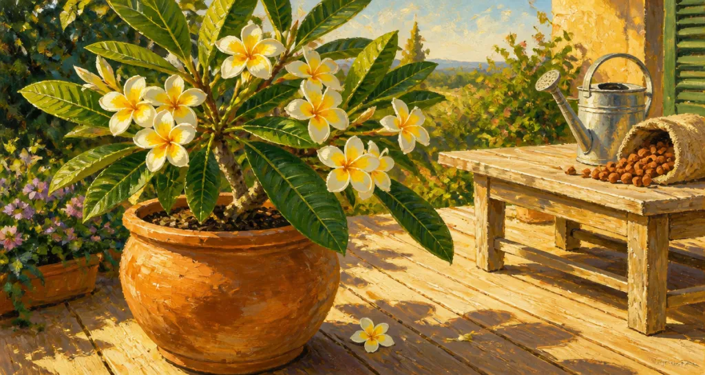 plumeria en pot fleurs blanches jaunes terrasse