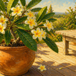 plumeria en pot fleurs blanches jaunes terrasse