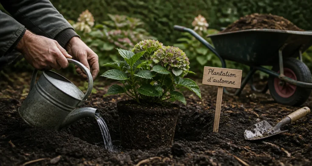 Quand planter des hortensias : mains qui plantent un hortensia, terre et arrosage