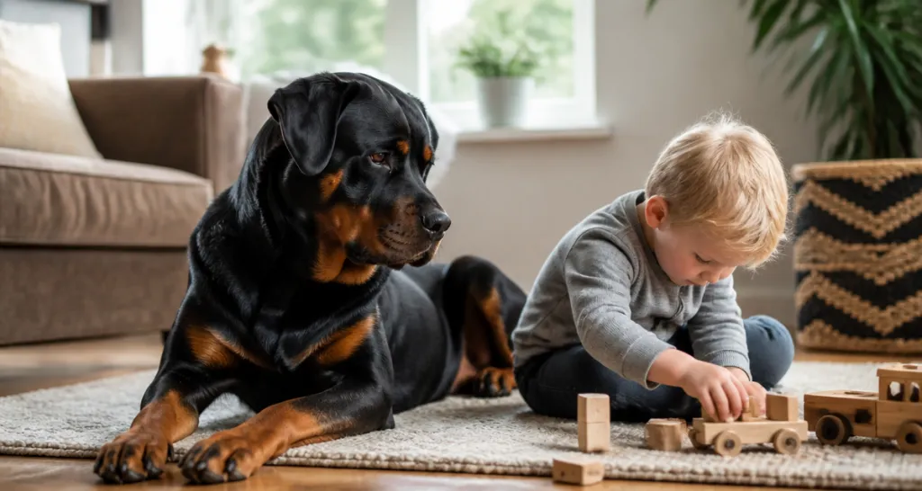 rottweiler adulte surveille un enfant dans un salon