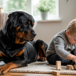 rottweiler adulte surveille un enfant dans un salon