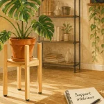 Support plante intérieur en bois clair, stable et gain de place, Monstera en intérieur lumineux