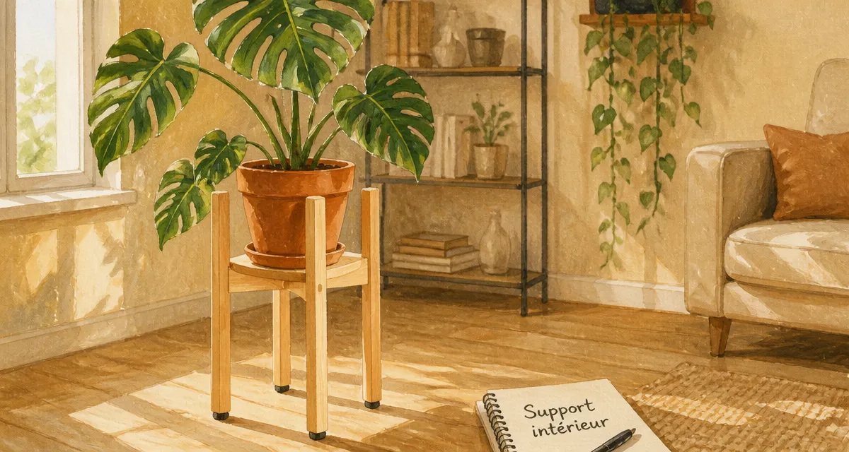 Support plante intérieur en bois clair, stable et gain de place, Monstera en intérieur lumineux