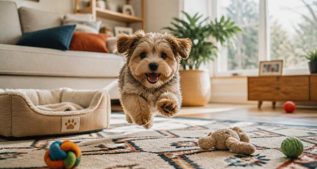 Yorkie poo poo sautant sur tapis salon
