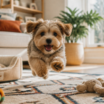 Yorkie poo poo sautant sur tapis salon
