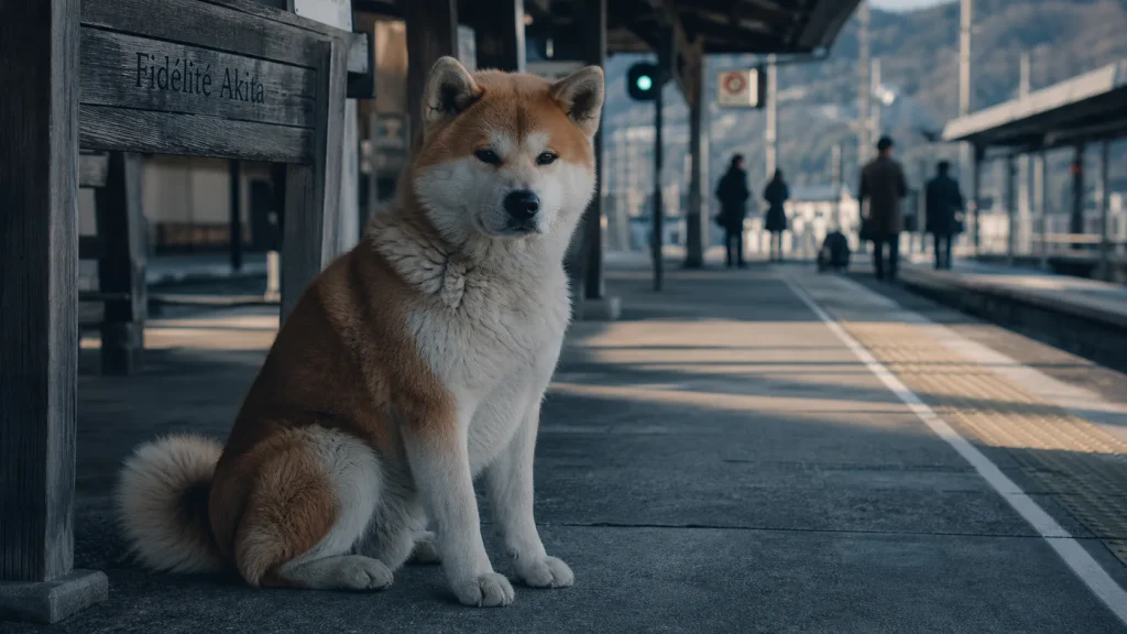 Akita chien japonais roux fauve devant une gare japonaise