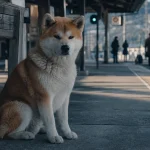 Akita chien japonais roux fauve devant une gare japonaise