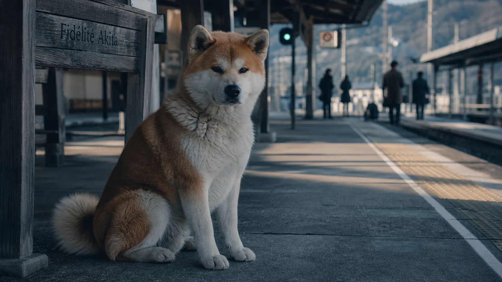 Akita chien japonais roux fauve devant une gare japonaise