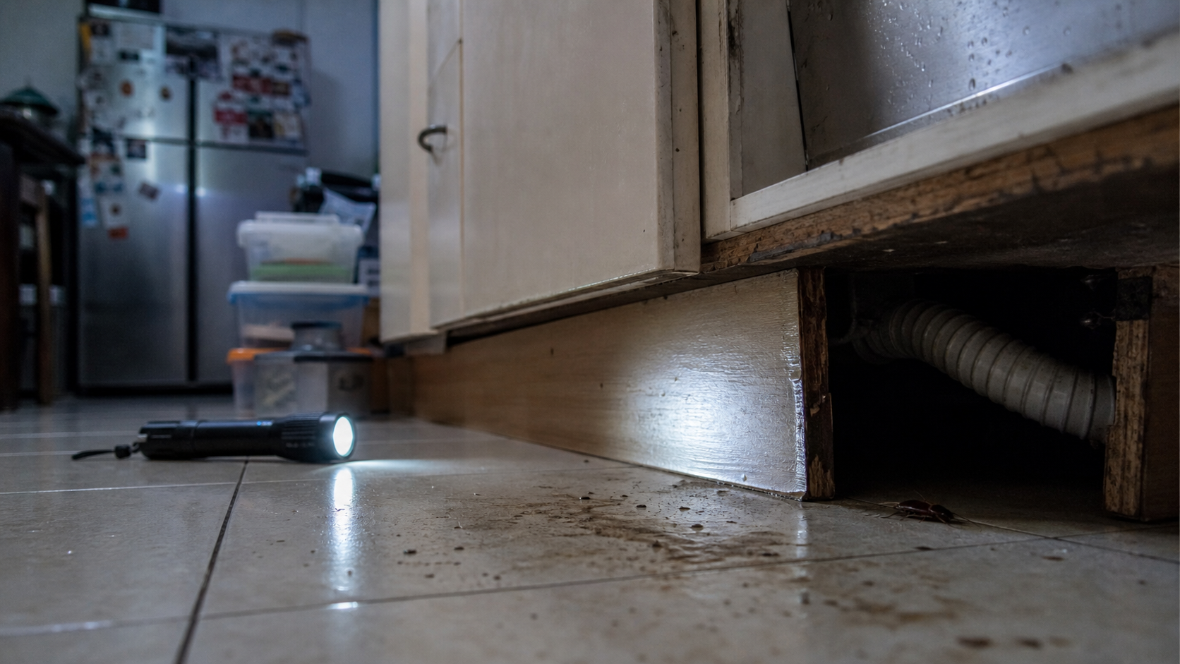 Comment tuer un cafard : blatte visible dans la cuisine, traces sur carrelage